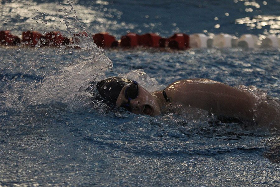 While swimming freestyle, senior Jordan Robinson raises her head for air.