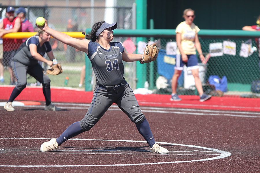 Sophomore pitcher Jessica Garcia winds up to pitch the ball on Friday, May 25. The team lost to Topeka Seaman, 8-6, placing fourth in the state tournament.