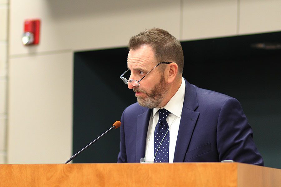 After giving his presentation on school security at the Board of Education meeting on Monday, Aug. 13, 2018 assistant superintendent Alvie Cater looks at his fellow board members. 