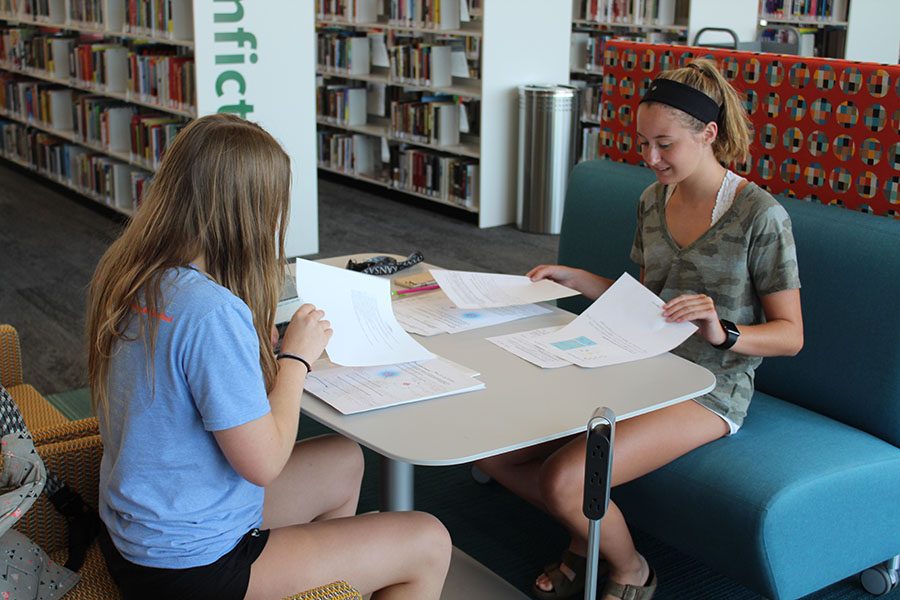 At the library on Sunday, Aug. 12, seniors Emily Proctor and Meredith Angelotti work on completing their AP Biology summer assignment.