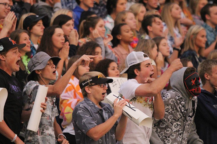 After a Saints foul, seniors Cole Moore, Nick Bednar, Connor Carlson and Ethan Judd chant you cant do that.