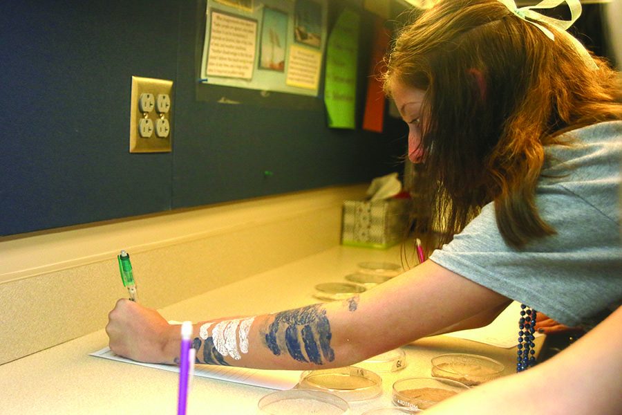 Carefully studying a petri dish on Friday, Sept. 7, senior Riley Thomas completes her in-class assignment.