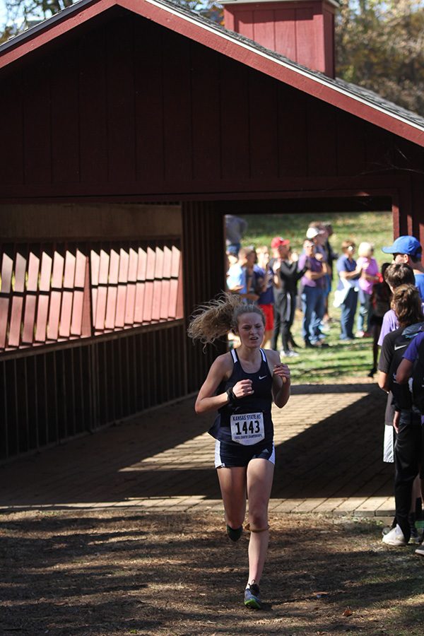Crossing under Kings Bridge, sophomore Molly Ricker keeps a steady pace to finish 11th in the state with a time of 19:36.