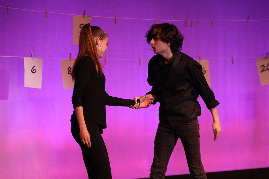 In a break up scene, junior Aidan Thomas tries to convince with the other character, played by senior Annika Lehan, to stay in a relationship with him.  “People are able to do funky things that they don’t get to do before and get out of their comfort zone”, Thomas said after the show on Thursday, Dec 6.
