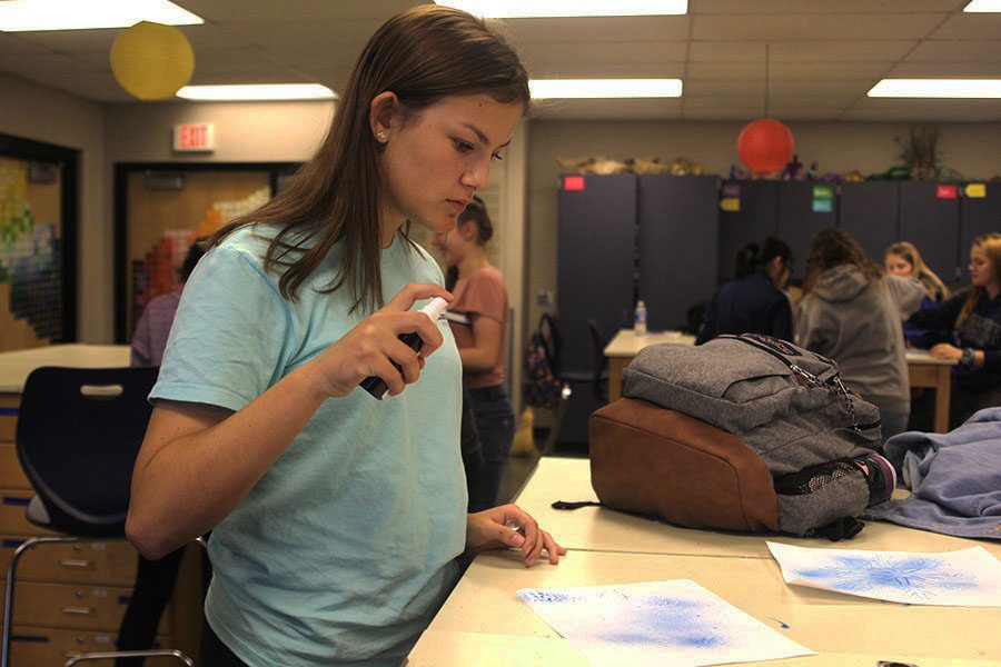 At the National Art Honor Society meeting on Nov. 8, freshman Mallory Lewis sprays water on her project.