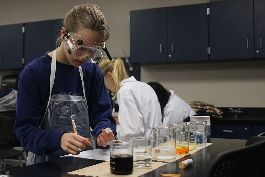 As part of the Chemistry Lab, senior Aniston Cumbie conducts an experiment with pH paper.