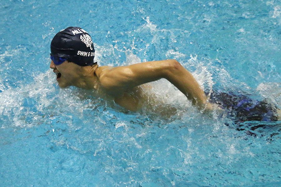 In his heat of the 50-yard freestyle, junior Tyler Draper approaches the wall for a flip turn. 