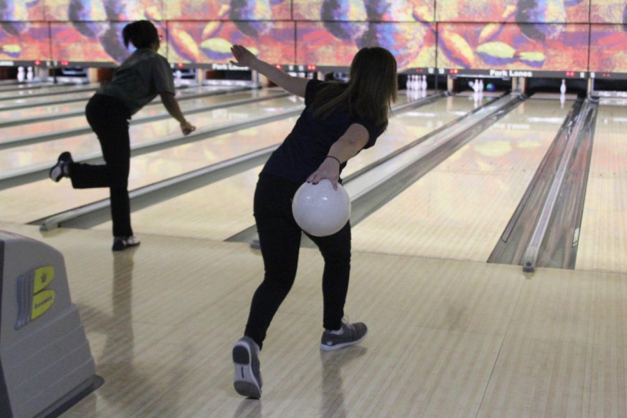 Attempting to knock down the last pin, junior Bri Laluk competes at the home meet held at Park Lanes on Thursday, Jan. 24. Laluk ended the meet with a career high 640 series.