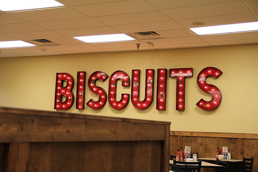 Hanging on the wall of The Big Biscuit is an antique biscuit sign.
