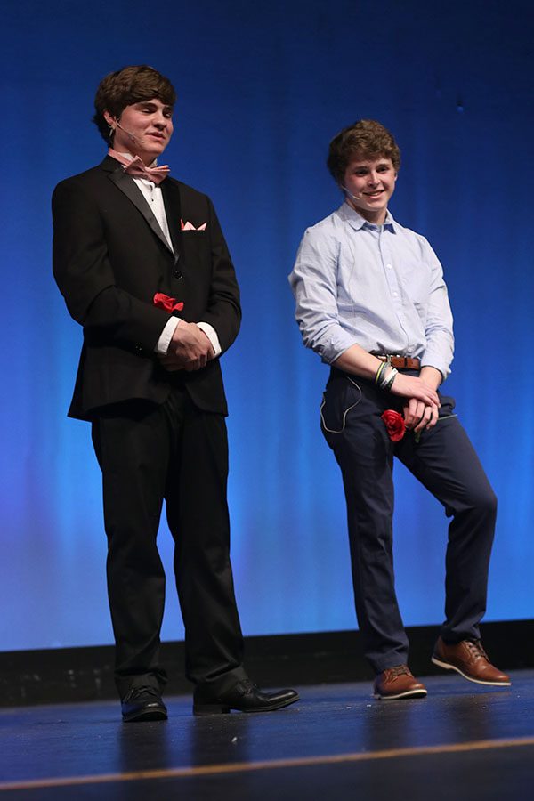 After making it to the final round of the competition, senior contestants Zach Bossert and Steven Colling anxiously wait for the 2019 Mr. Mill Valley to be revealed.