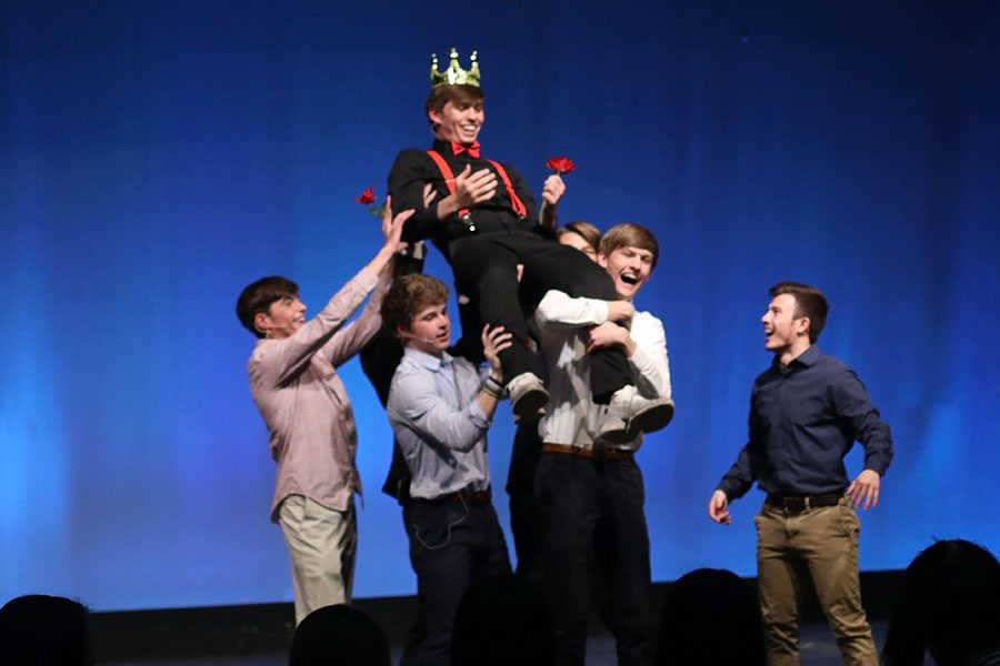 The six additional Mr. Mill Valley contestants raise victor junior Cline Boone into the air after his crowning at the StuCo hosted Mr. Mill Valley fundraiser on Wednesday, March 20. All of the event’s proceeds will go toward Boone’s charity of choice: Relay for Life of Jaguar Nation.