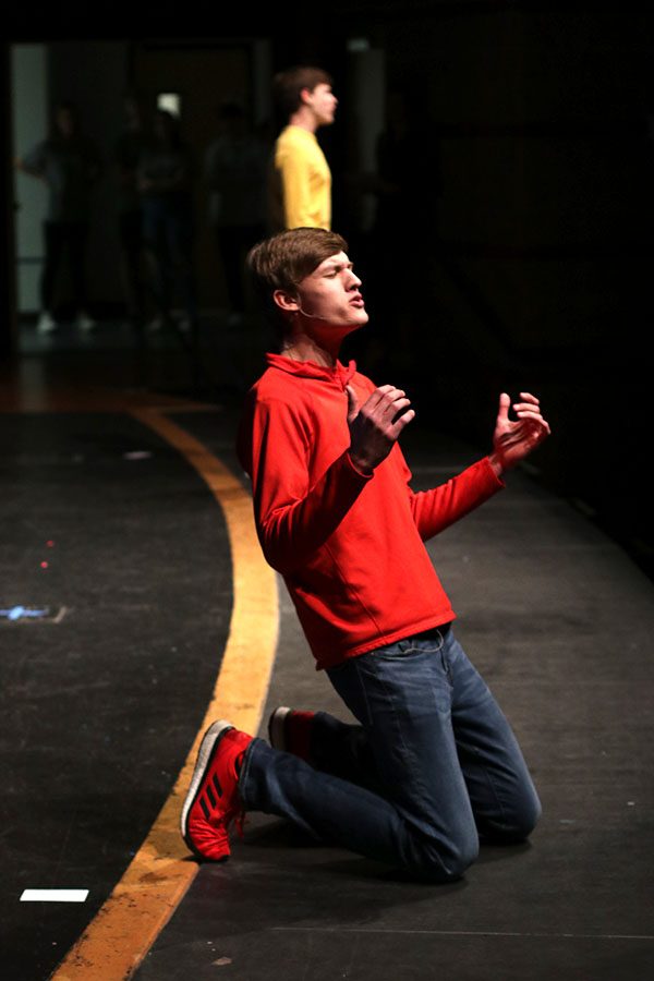 Also performing a song from Spongebob Squarepants, senior Blake Aerni belts out the lyrics on his knees while accompanied by last year’s contestant senior Noah Smith.