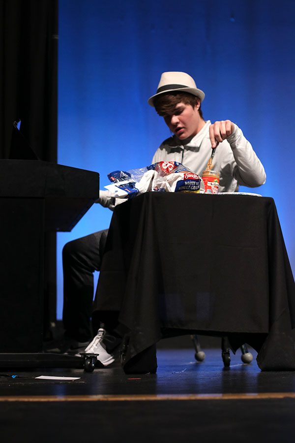 Singing “Gary’s Song” from Spongebob Squarepants, senior Zach Bossert showcases his talent while making and eating a peanut butter sandwich.