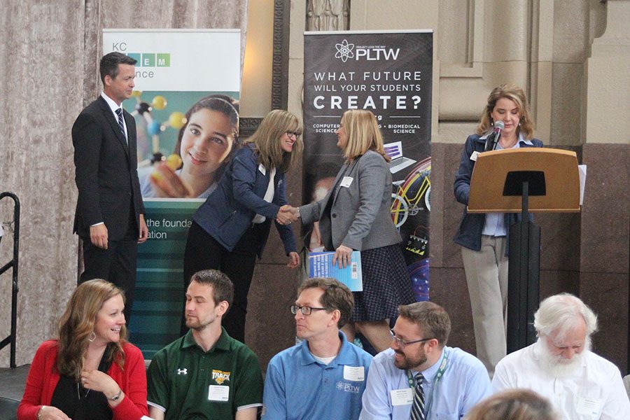 Engineering teacher Gayle Kebodeaux is recognized during a “thank you” to student mentors.