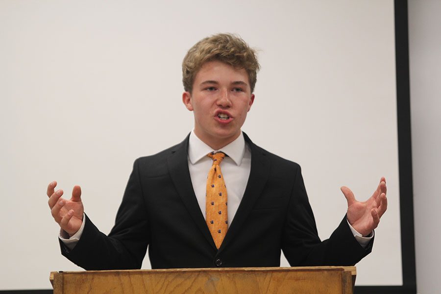 Arguing pro for this years resolution, senior Kaleb Shukeat debates over whether India should become a permanent member of the UN. Shukeat and his partner sophomore Dutch Platt placed 5th on the first day of competition at Shawnee Mission East.