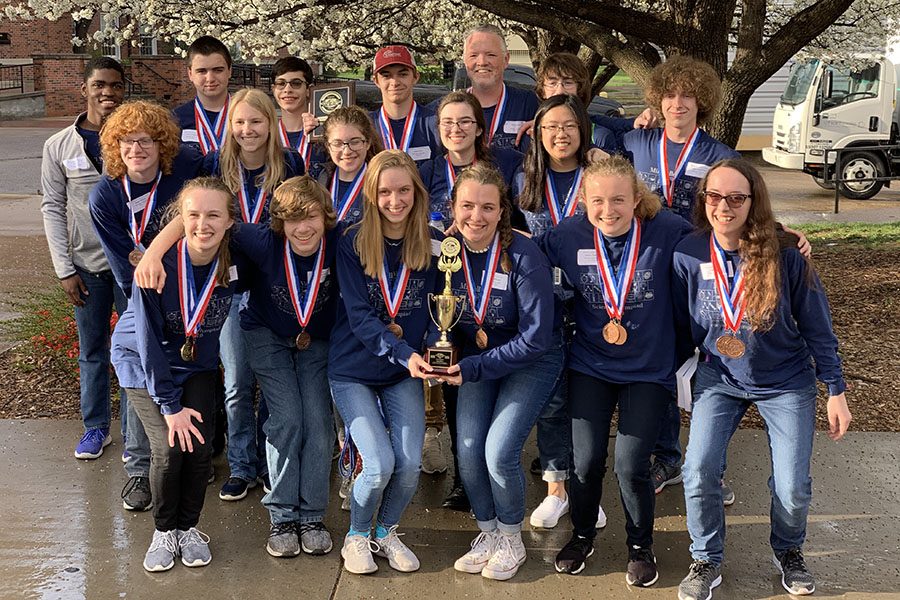 After the award ceremony, the team poses for a picture after their third place victory. The team ended with a total score of 136 points, 22 points behind the second place team. “Our team has become like a family over the season, senior Sydney Clarkin said. We all work very well together and are very supportive of one another.