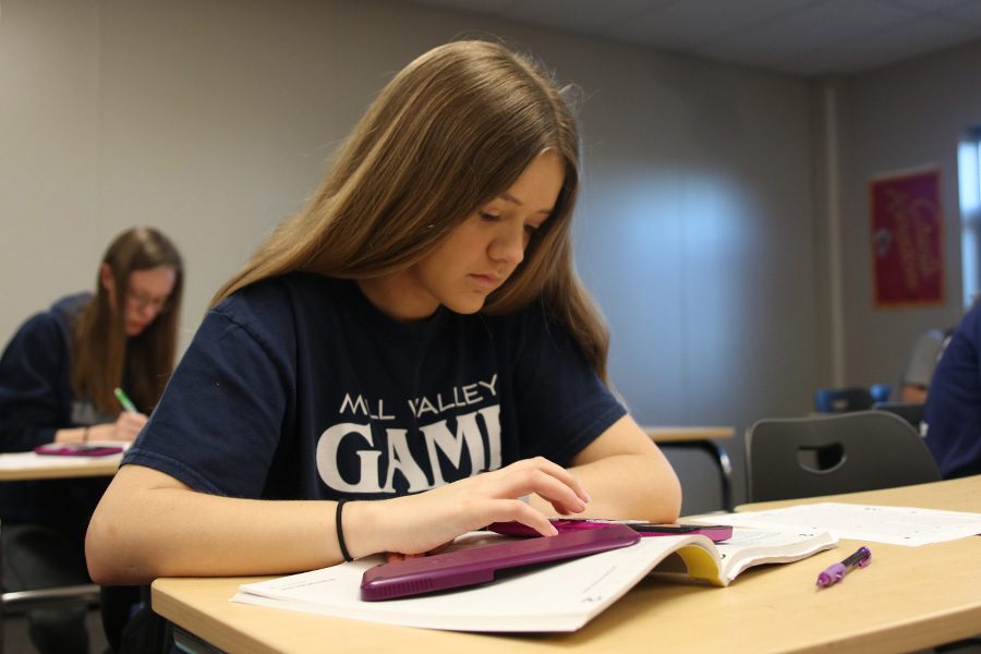 During ACT prep class on Monday, April 8, junior Taegan Evans practices the math portion. 