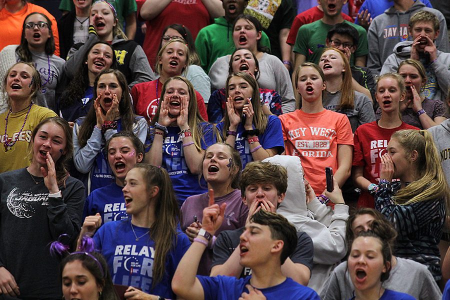 Students cheer during a Relay for Life pep rally. At last years Relay for Life event, over 1,000 people attended and raised over $100,000 for the American Cancer Society. This year, despite coronavirus concerns, the event is set to proceed as normal.