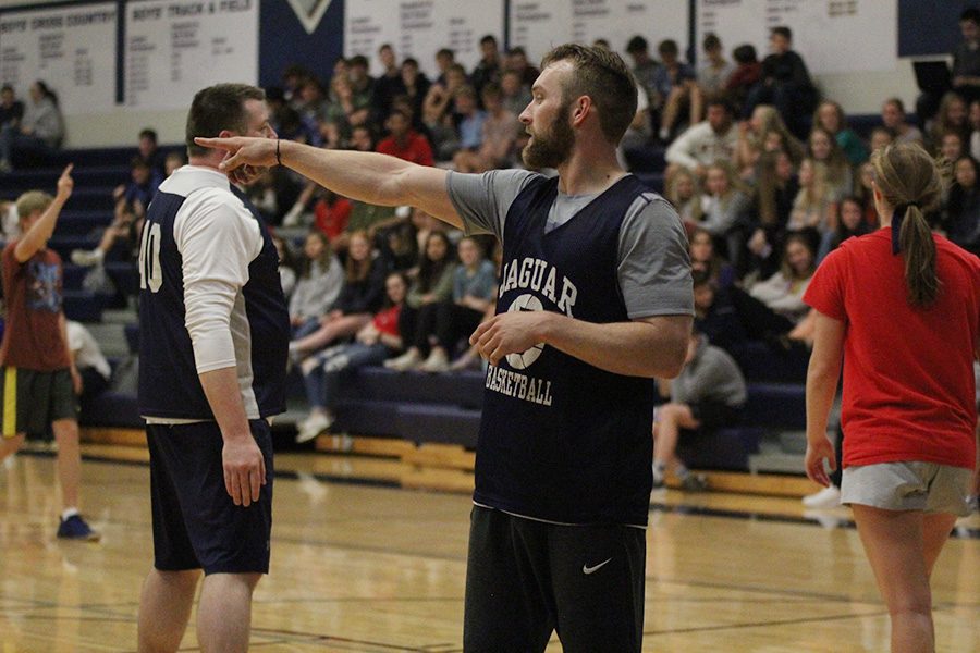 During a time out on Tuesday, April 30, paraprofessional Kody Cook gives input on which team should have possession of the ball.