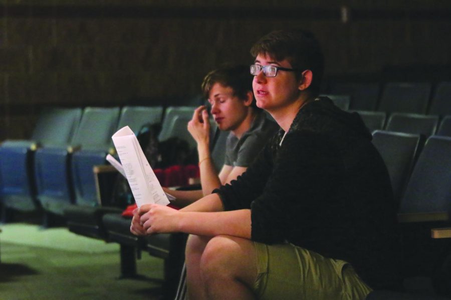 In preparation for the upcoming show, seniors Noah Smith and Jame Ball critique the actors on stage Tuesday, April 30. “It’s extremely surreal to see people saying the lines you’ve written and playing characters you’ve created,” Ball said.
