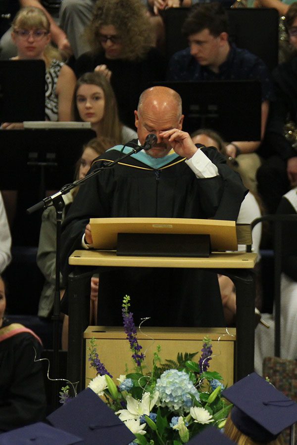 Tearing up, principal Tobie Waldeck says goodbye to the 2018-2019 senior class. 