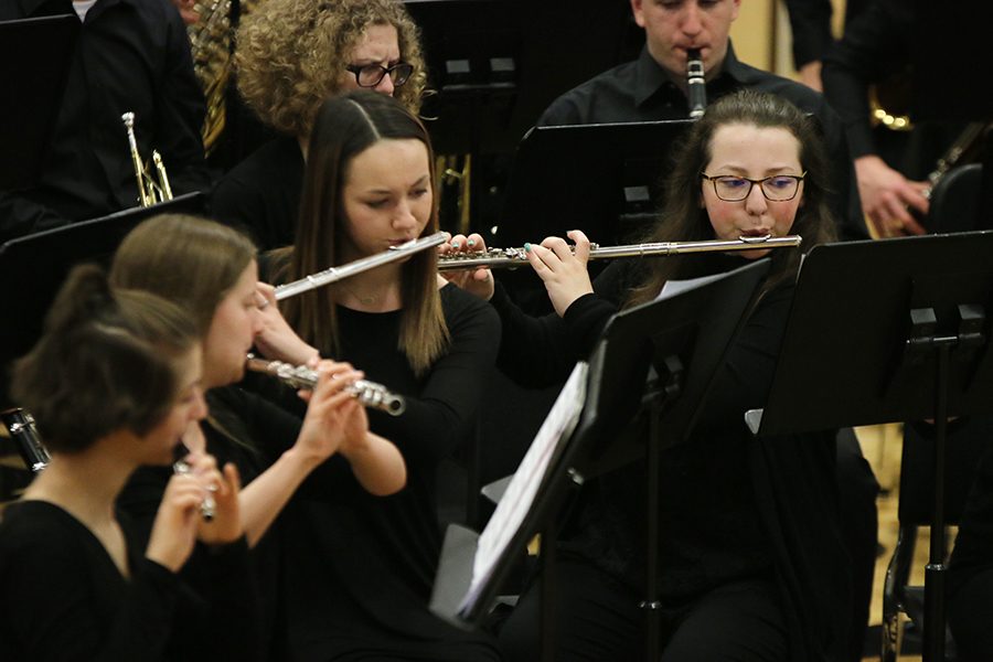 Performing “Funiculi Funicula” by Luigi Denza, junior Maddie Hoedes helps showcase the flute section during the bridge of the song. The band gave its final performance of the year Tuesday, May 7. Along with the performance, senior band members were recognized and given awards.