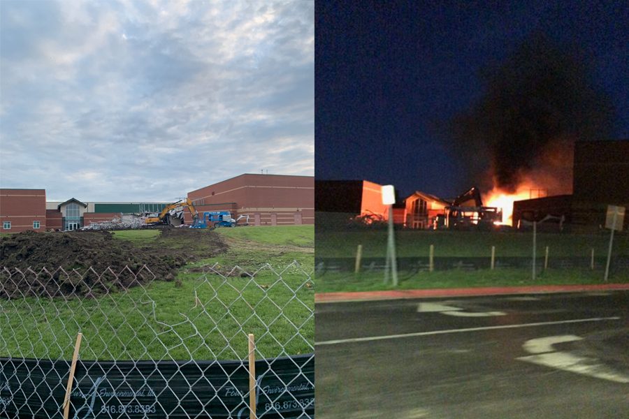 Left photo is the progress of demolition that started on Thursday, June 6, right photo is of the fire that started at 9:30 p.m. 