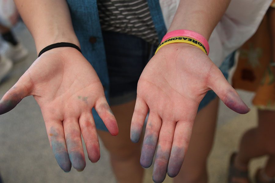 Sophomore Greta Trowbridge hands after tie-dyeing her shirt.