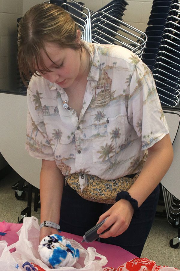 Coloring her T-shirt, junior Taylor Moss works on her tie-dye pattern.
