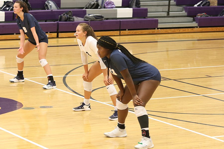 In the back row sophomore Amara Traiger, junior Jaden Ravnsborg, and sophomore Tayler Roberts prepare to receive the serve.