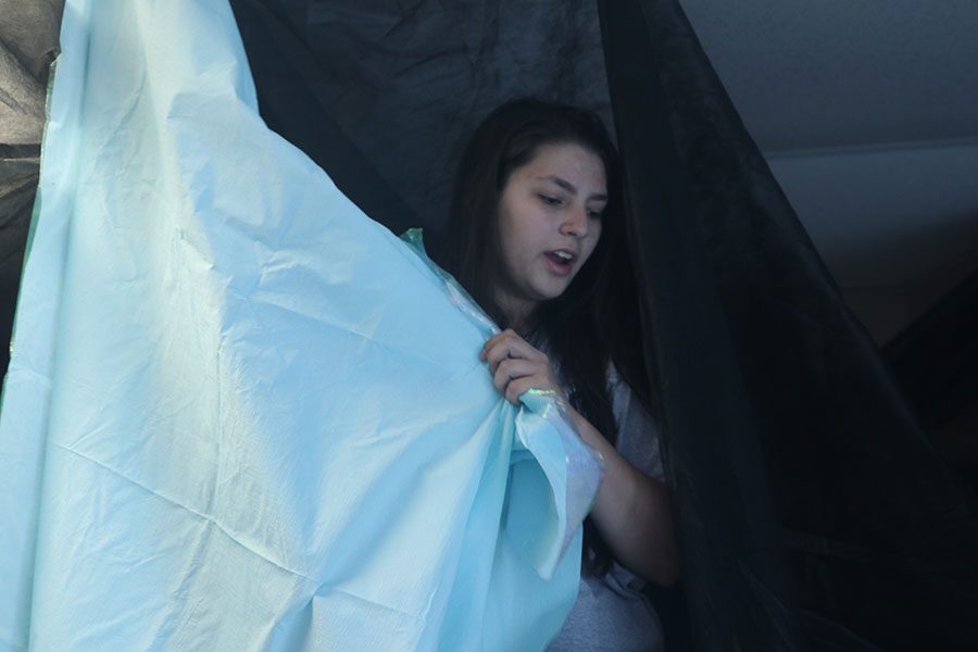 Senior Larissa Rodrigues helps hang up sheets on the ceiling. 
