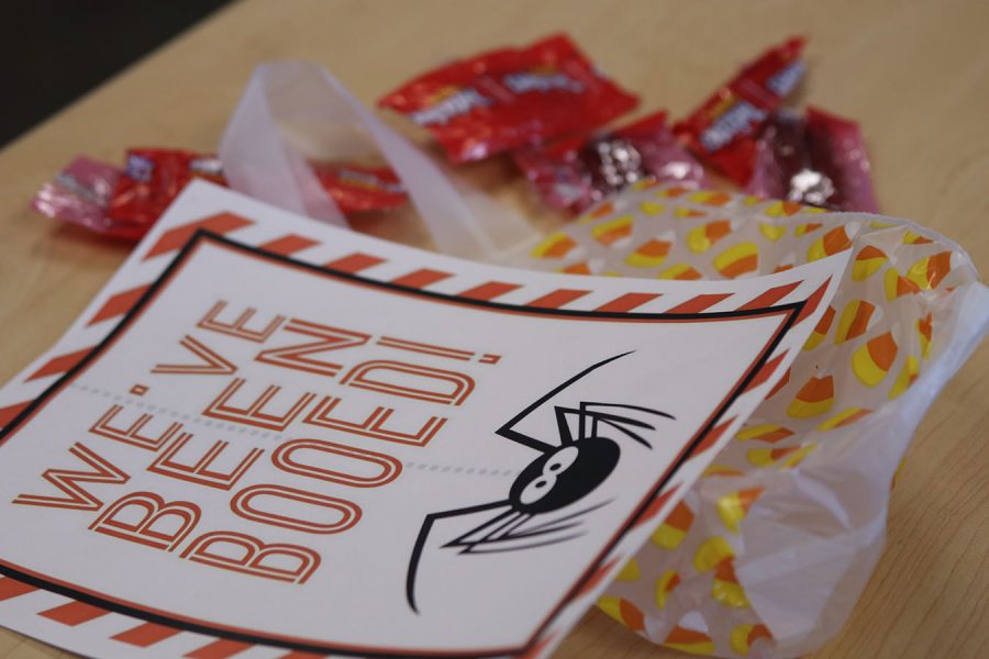 Social studies teacher Angie DalBello received goody bag and left it with only wrappers. Student Ambassadors gave spooky surprises to seminar teachers during their annual “You’ve Been Boo’d” event Wednesday, Oct. 23.