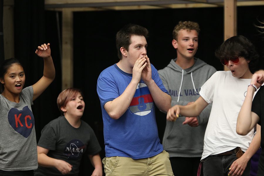 At rehearsal on Monday, Sept. 30, senior Nathan Meacham practices a dance for the school’s upcoming musical, “Newsies.”
