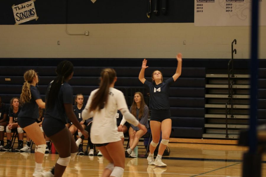 Arms in the air, sophomore Brylee Peterson prepares to hit the ball over the net.