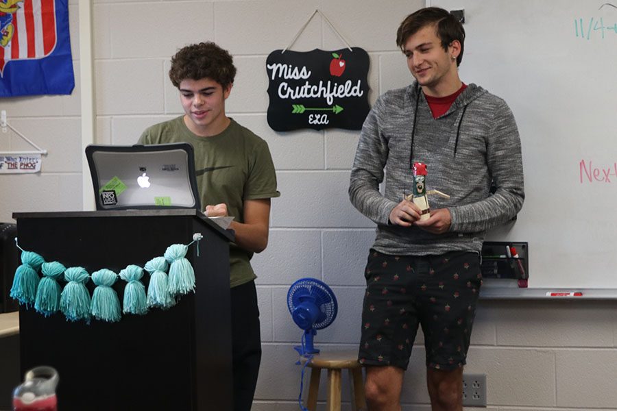 Seniors present the annual Frankenstein project Tuesday, Nov 5 in English teacher Malorie Crutchfield’s class. The first to present their project, seniors Cameron Schwegman and Riley Ferguson share their story to the entire class.