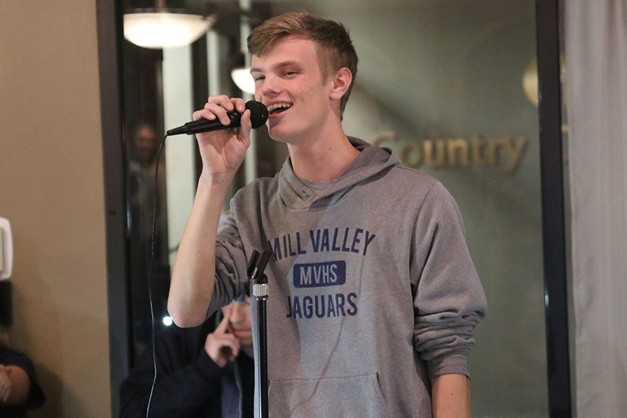 At the StuCo hosted Open Mic Night, junior Lief Campbell performs the song “Waving Through a Window” from the musical “Dear Evan Hanson.”
