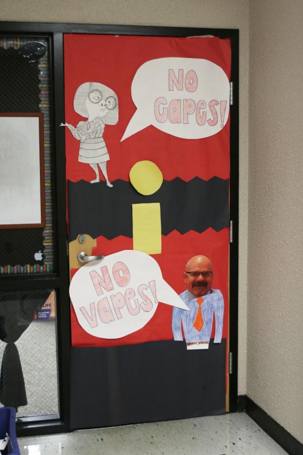 English teacher Page Anderson’s seminar decorated a door inspired by the Incredibles movie to discourage students from vaping.