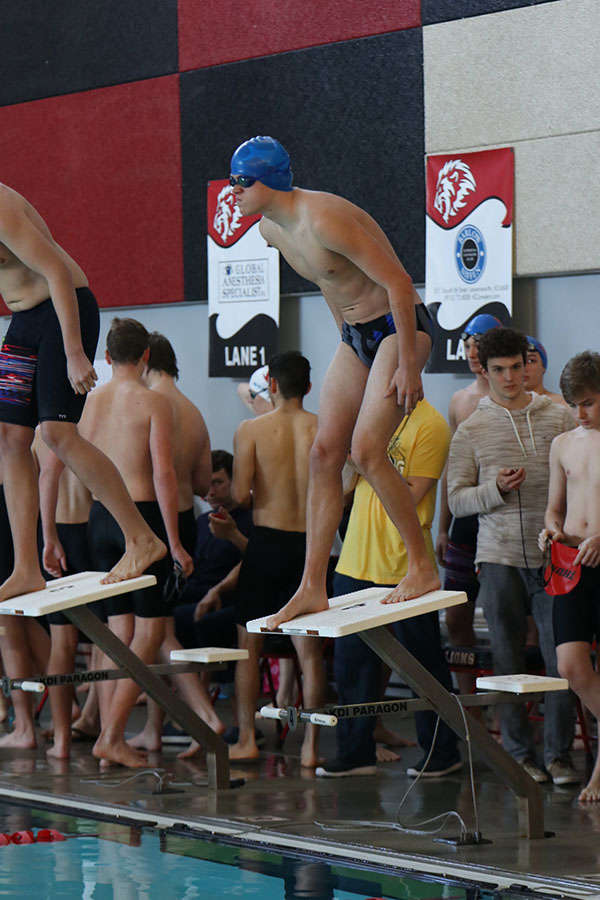 Getting ready to race, junior Noah Collins prepares to dive into the water.
