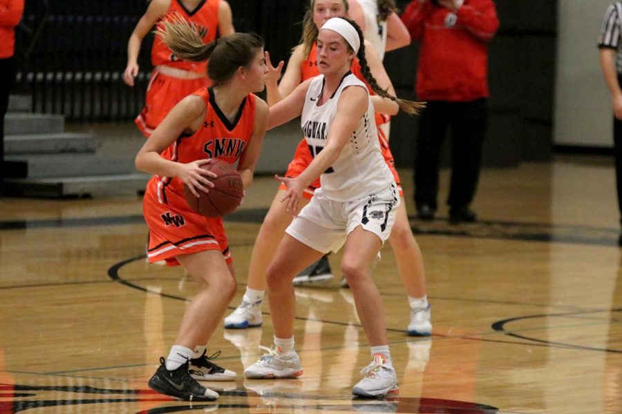 Reaching toward the ball, junior Katherine Weigel guards an opponent.