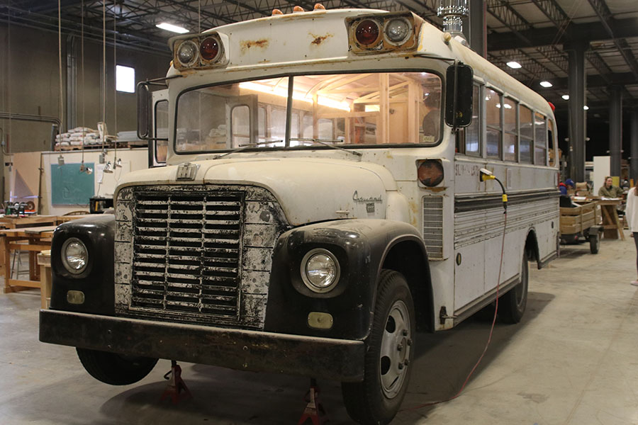 The Bus is stored in a warehouse in Lawrence while it is being worked on.