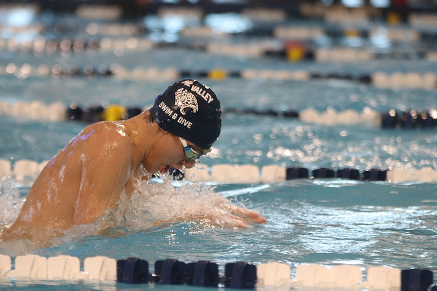 Swimming the breaststroke portion of the 200-yard medley relay, junior Cole McClure dives back down after a breath.
