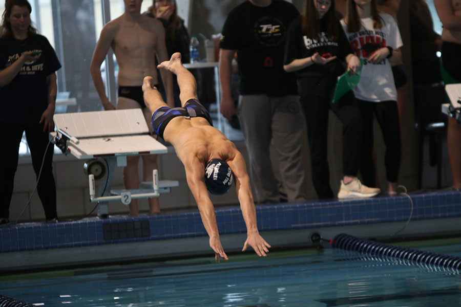 Diving in, junior Cole McClure competes in the 200-yard IM.