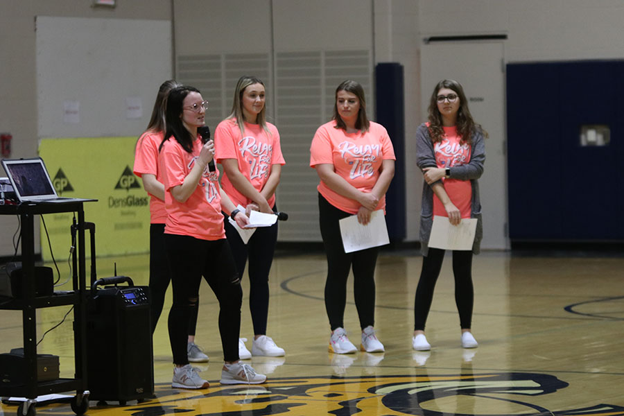 At the beginning of the rally, senior Relay For Life chairs address the crowd, starting with senior Abbie Morgan.