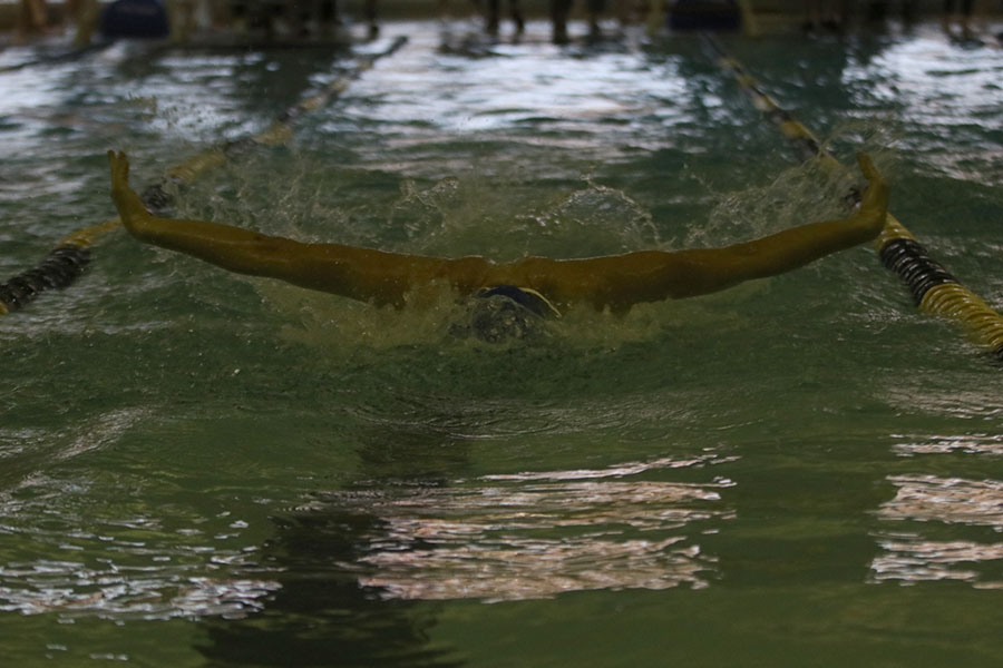 Flying down the lane, junior Noah Collins competes in the 100 meter butterfly. On Monday, Jan. 13, the boys team swam in a meet at Turner High School.