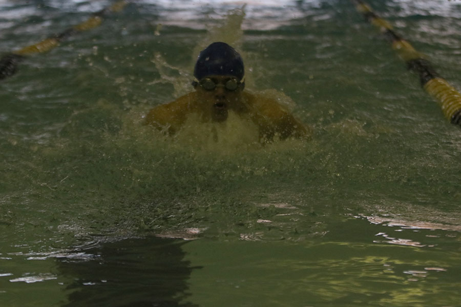 While swimming the 100 meter breaststroke, junior Noah Collins takes a breath. 