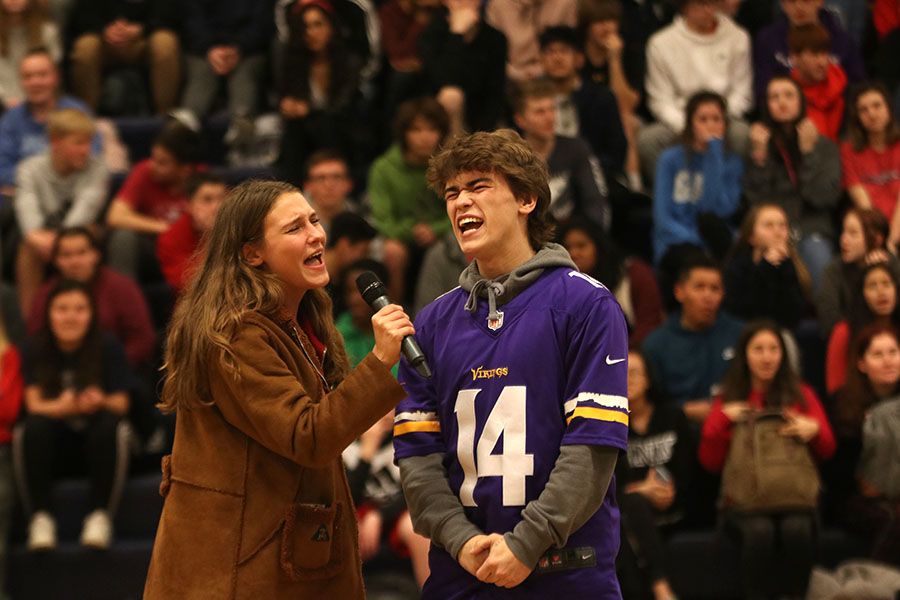 Eyes closed, seniors Avery Altman and Jake Esser belt out the lyrics to “Bohemian Rhapsody” by Queen.