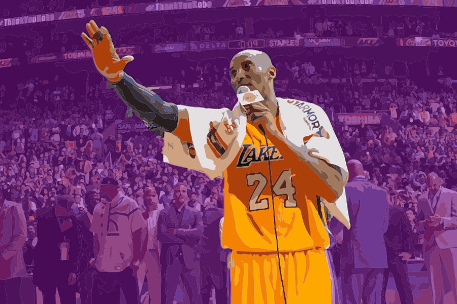 Kobe+Bryant%2C+shown+speaking+to+the+Staples+Center+crowd+before+his+final+game%2C+inspired+a+generation+of+basketball+fans.+