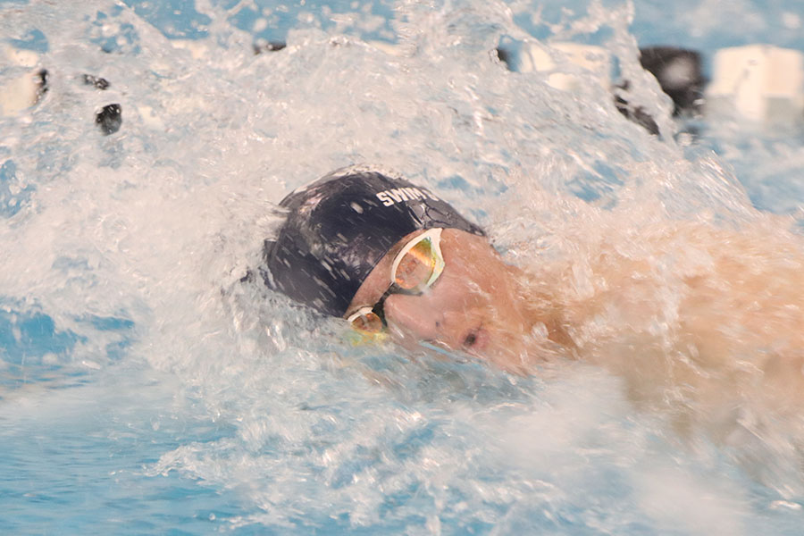 Bringing his head back up, freshman Anthony Molinaro gets a time of 49.58, placing third in the 50-yard freestyle.
