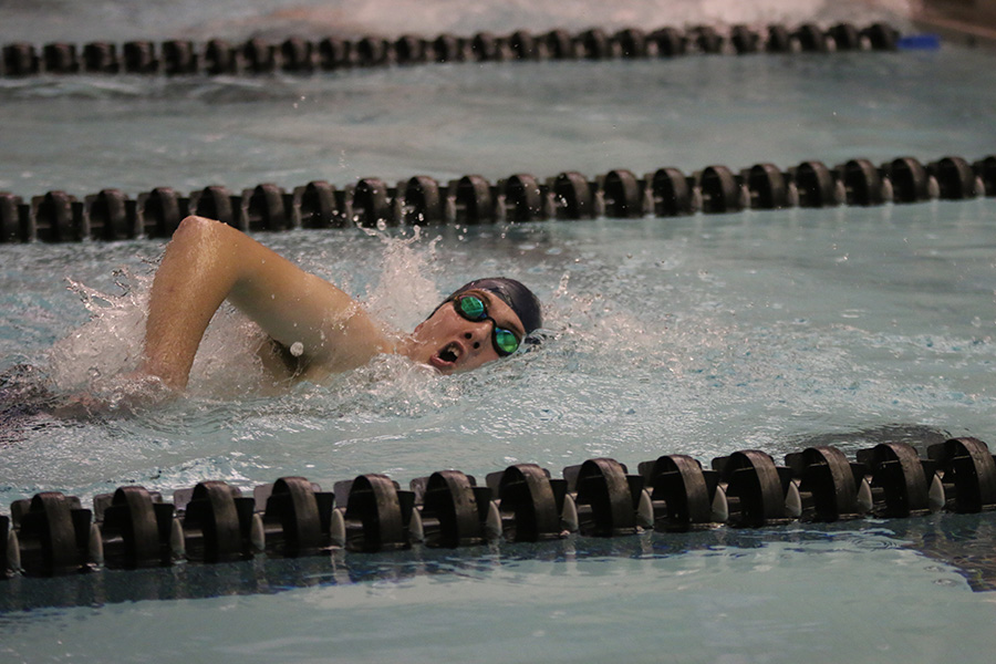Senior Cahill Eckardt competes in the 500-yard freestyle for the first time this season.