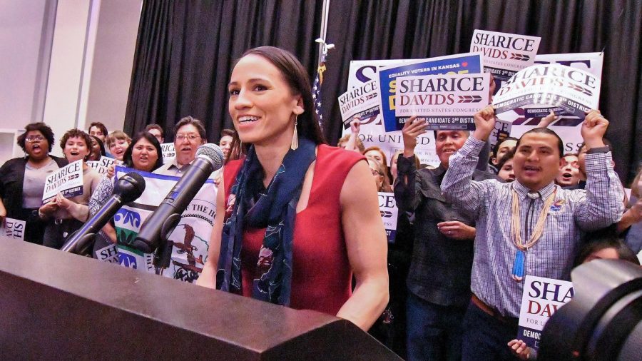 Sharice Davids gives her victory speech after winning the state's 3rd congressional district race on Tuesday, Nov. 6, 2018. 